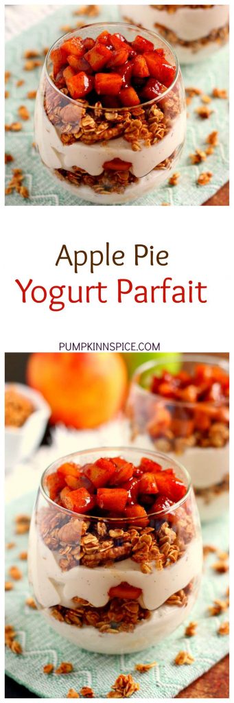 Packed with creamy vanilla yogurt, apple pie granola, and caramelized apples, this Apple Pie Yogurt Parfait is full of protein and fall flavors. It's a great way to spice up your morning breakfast or afternoon snack!