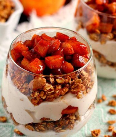 Packed with creamy vanilla yogurt, apple pie granola, and caramelized apples, this Apple Pie Yogurt Parfait is full of protein and fall flavors. It's a great way to spice up your morning breakfast or afternoon snack!