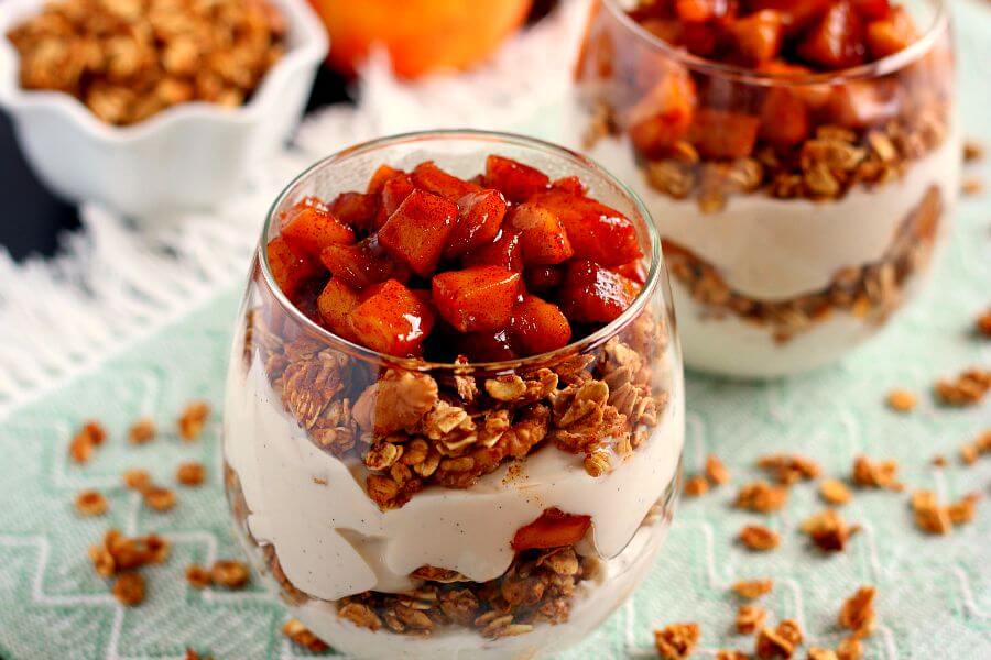 Packed with creamy vanilla yogurt, apple pie granola, and caramelized apples, this Apple Pie Yogurt Parfait is full of protein and fall flavors. It's a great way to spice up your morning breakfast or afternoon snack!