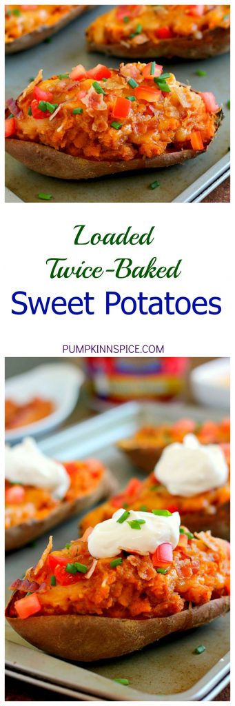These Loaded Twice Baked Sweet Potatoes make the perfect side dish for any meal. The sweet potatoes are packed with with a brown sugar and cinnamon filling and then topped with cheese, crispy bacon, and sour cream. It's filled with flavor and the perfect fall dish for when you want something warm and comforting!