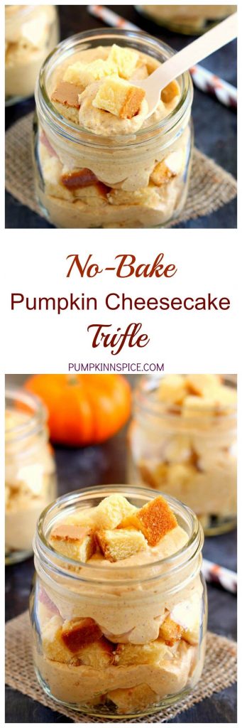This No-Bake Pumpkin Cheesecake Trifle is filled with a creamy cheesecake batter that's swirled with pumpkin and topped with golden pound cake chunks. It's an easy treat that requires no oven and is perfect to capture the flavors of fall!