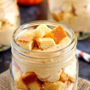 This No-Bake Pumpkin Cheesecake Trifle is filled with a creamy cheesecake batter that's swirled with pumpkin and topped with golden pound cake chunks. It's an easy treat that requires no oven and is perfect to capture the flavors of fall!