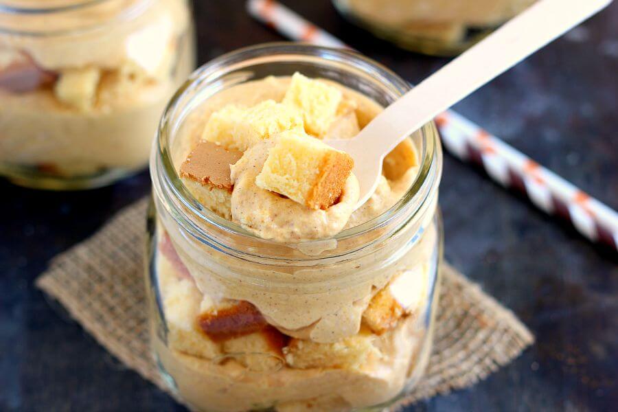 This No-Bake Pumpkin Cheesecake Trifle is filled with a creamy cheesecake batter that's swirled with pumpkin and topped with golden pound cake chunks. It's an easy treat that requires no oven and is perfect to capture the flavors of fall!