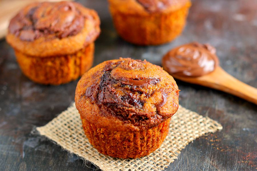 a pumpkin nutella muffin on a piece of burlap