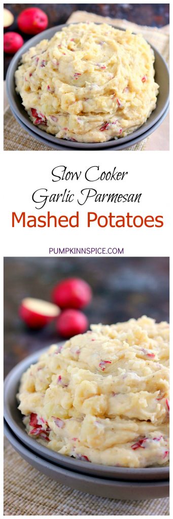 These Slow Cooker Garlic Parmesan Mashed Potatoes are creamy, flavorful, and contain just a few simple ingredients. The fresh garlic and Parmesan cheese gives this dish a zesty hint of flavor. Once you try these mashed potatoes in a slow cooker, you'll never go back to the regular way of making them again!