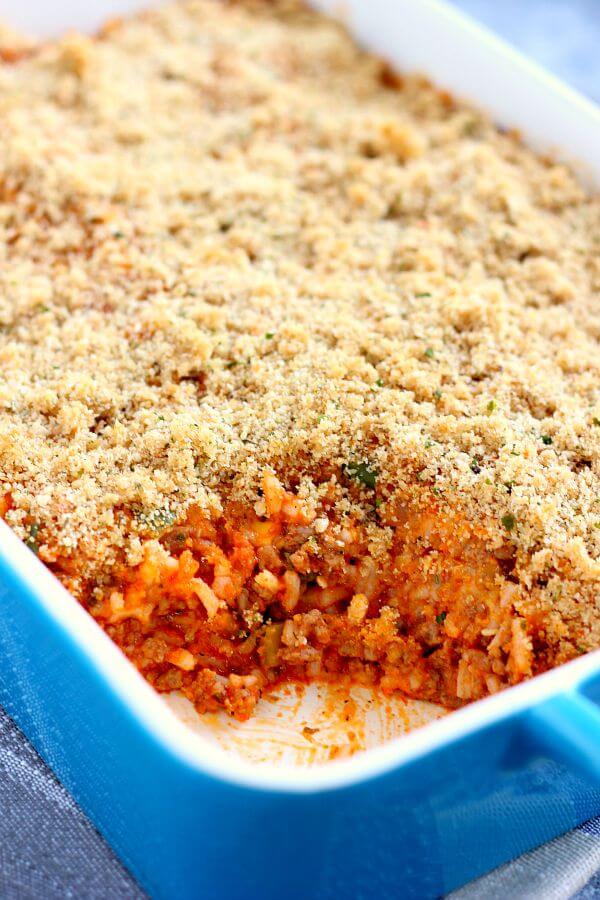 bell pepper casserole in a blue baking dish