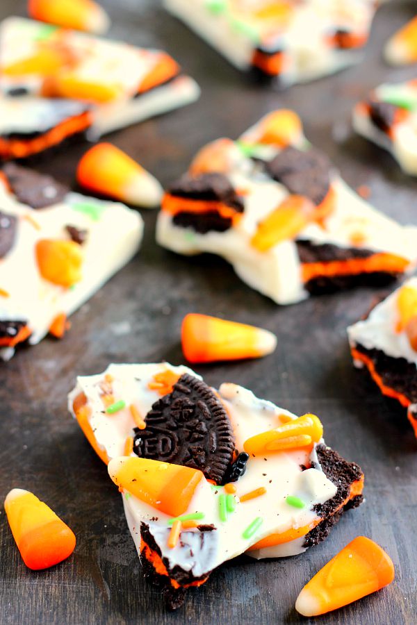 pieces of halloween white chocolate bark