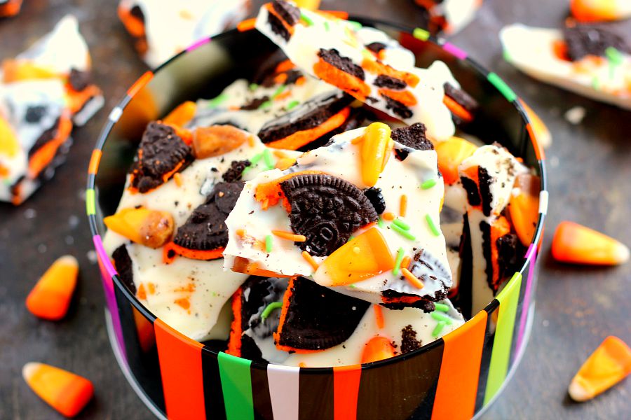 tin of halloween candy bark