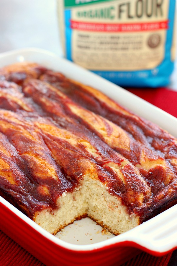 Homemade cranberry coffee cake in a baking dish. 