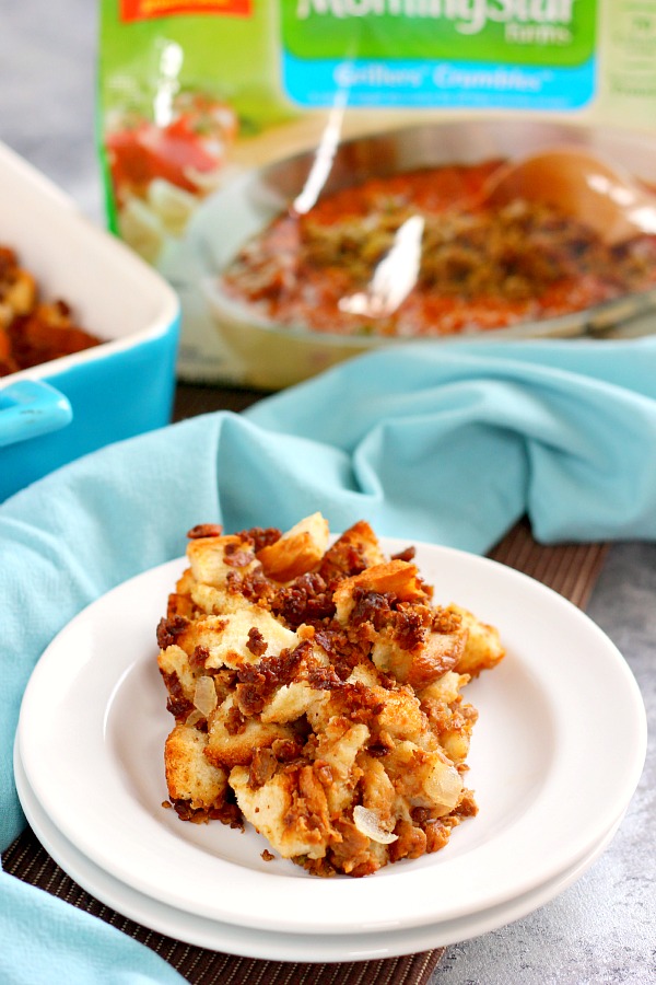 This Garlic and Sage Stuffing is made with MorningStar Farms Grillers Crumbles, freshly toasted bread, and seasoned with spices. It's ready in less than an hour and makes the perfect, easy side dish for Thanksgiving!