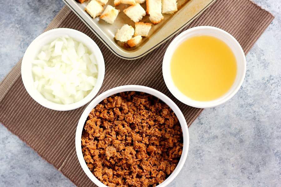 This Garlic and Sage Stuffing is made with MorningStar Farms Grillers Crumbles, freshly toasted bread, and seasoned with spices. It's ready in less than an hour and makes the perfect, easy side dish for Thanksgiving!