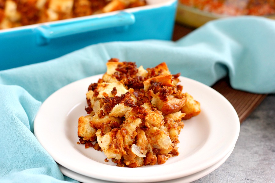 This Garlic and Sage Stuffing is made with MorningStar Farms Grillers Crumbles, freshly toasted bread, and seasoned with spices. It's ready in less than an hour and makes the perfect, easy side dish for Thanksgiving!