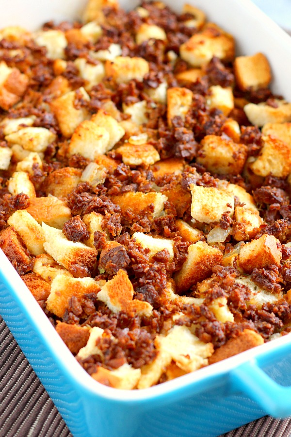 This Garlic and Sage Stuffing is made with MorningStar Farms Grillers Crumbles, freshly toasted bread, and seasoned with spices. It's ready in less than an hour and makes the perfect, easy side dish for Thanksgiving!