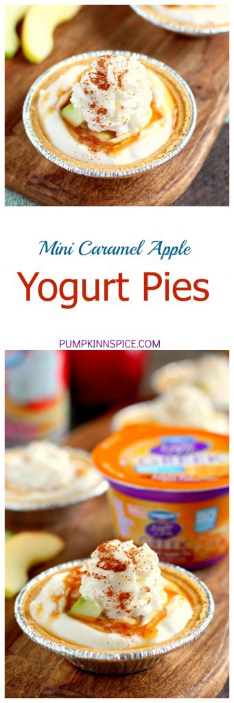 With just a few simple ingredients, these Mini Caramel Apple Yogurt Pies come together in no time and serve as a healthier treat. Filled with Dannon® Greek Yogurt Oikos® Light & Fit® Caramel Apple Pie Yogurt, fresh apple chunks, and a cinnamon swirl, these pies make the perfect fall dessert!