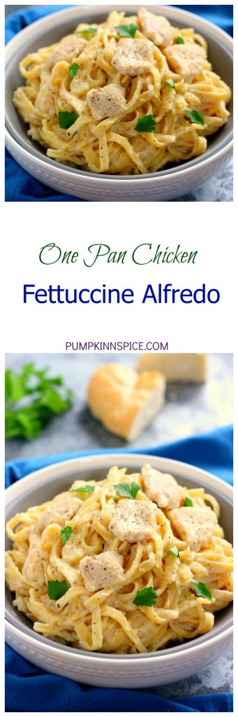 This One Pan Chicken Fettuccine Alfredo is filled with tender chicken and fresh pasta that's tossed in a lightened, creamy sauce. It's made in one pan and ready in just 30 minutes!