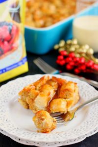 a fork with a bite of french toast casserole