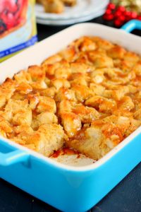 eggnog french toast casserole in a blue baking dish 