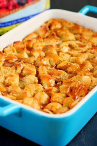 eggnog french toast bake in a dish