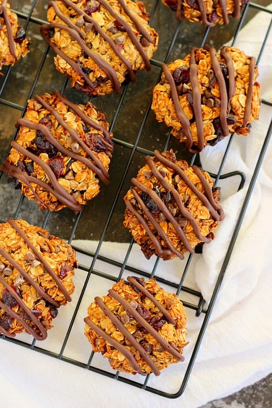 Jam-packed with hearty oats, bananas, dried cherries and chocolate chips, these Chocolate Cherry Banana Breakfast cookies are a healthy, one-bowl treat. They bake up crispy on the outside, soft on the inside and are full of healthy ingredients. If you love eating dessert for breakfast, then these cookies were made for you!