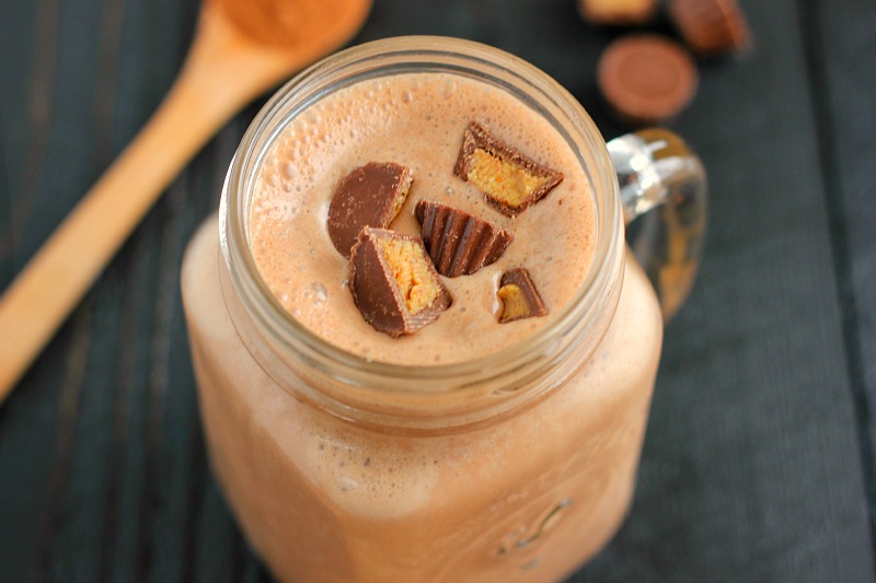a chocolate peanut butter smoothie in a glass jar