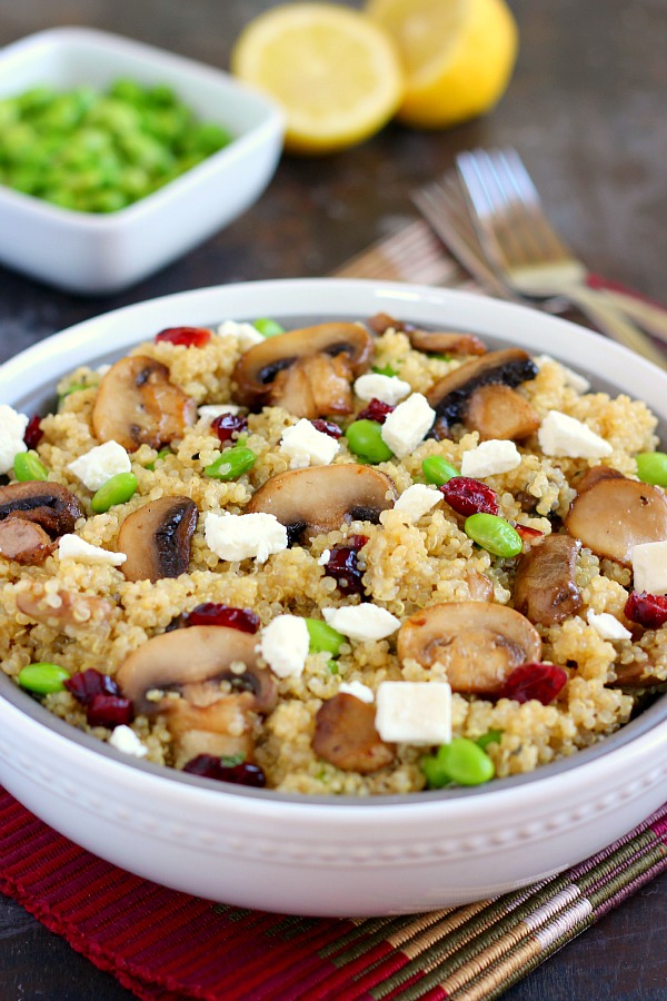 This Cranberry, Edamame and Mushroom Quinoa Bowl is packed with nutritious ingredients to make a healthy and satisfying meal. The tart cranberries, steamed edamame, mushrooms and feta make a delicious dish that easy to prepare and ready in no time!