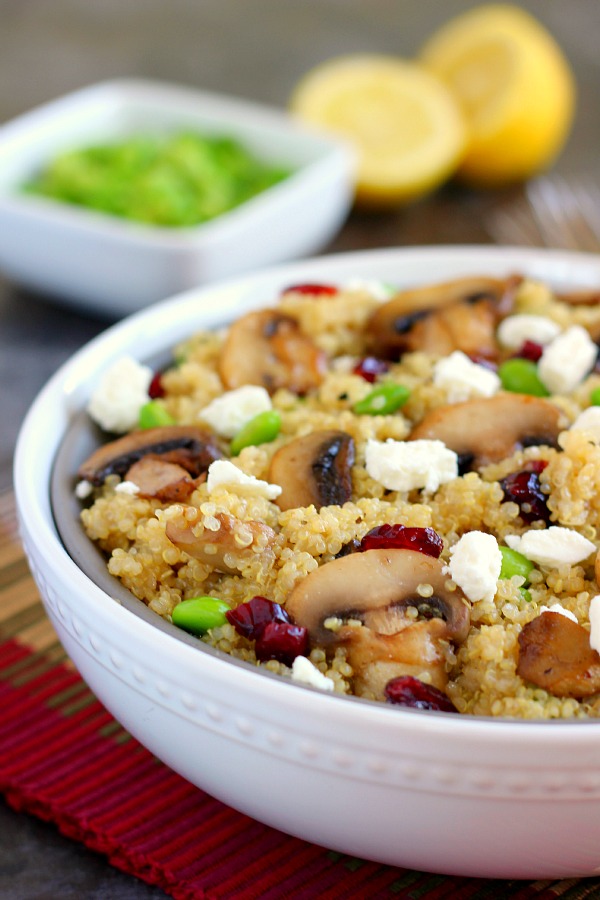 This Cranberry, Edamame and Mushroom Quinoa Bowl is packed with nutritious ingredients to make a healthy and satisfying meal. The tart cranberries, steamed edamame, mushrooms and feta make a delicious dish that easy to prepare and ready in no time!