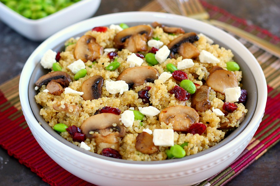 This Cranberry, Edamame and Mushroom Quinoa Bowl is packed with nutritious ingredients to make a healthy and satisfying meal. The tart cranberries, steamed edamame, mushrooms and feta make a delicious dish that easy to prepare and ready in no time!