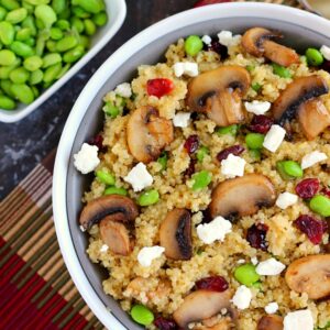 This Cranberry, Edamame and Mushroom Quinoa Bowl is packed with nutritious ingredients to make a healthy and satisfying meal. The tart cranberries, steamed edamame, mushrooms and feta make a delicious dish that easy to prepare and ready in no time!