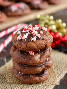 These Peppermint Hot Chocolate Cookies bake up soft, thick and taste just like hot chocolate. The tops are frosted with mint chocolate and then topped with crushed candy canes. These cookies are perfect to enjoy all season long!