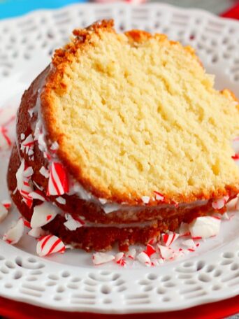 This Vanilla Pound Cake with Peppermint Glaze is moist, soft, and delicious. Flavored with vanilla and topped with a sweet peppermint glaze, this cake is sure to be holiday favorite!