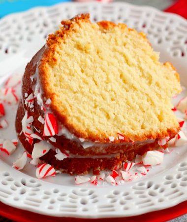 This Vanilla Pound Cake with Peppermint Glaze is moist, soft, and delicious. Flavored with vanilla and topped with a sweet peppermint glaze, this cake is sure to be holiday favorite!