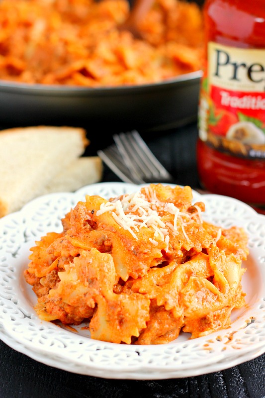 a serving of skillet lasagna on a white plate 