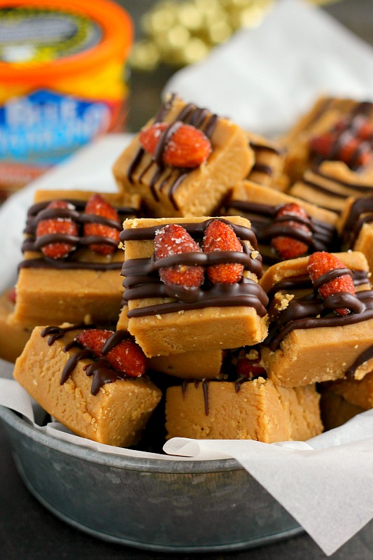 This Honey Roasted Peanut Butter Fudge is smooth, creamy, and filled with a rich peanut butter taste. Topped with honey roasted almonds and a drizzle of dark chocolate, this easy treat comes together in minutes and is sure to be the perfect dessert for your next party or get-together! #fudge #peanutbutter #peanutbutterfudge #fudgerecipe #peanutbutterrecipe #holidayfudge #christmasfudge #holidaydessert #dessert