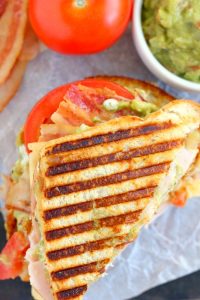 top down shot of turkey panini with grill marks