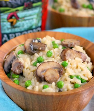 These Creamy Parmesan, Mushroom and Pea Risotto Bowls are filled with nourishing ingredients for an easy and healthier meal. Packed with Parmesan cheese, fresh mushrooms and peas, these bowls provide comfort food at its finest!