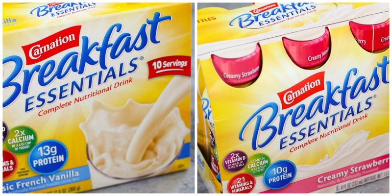A photo collage showing boxes of Carnation Breakfast Essentials drinks. 