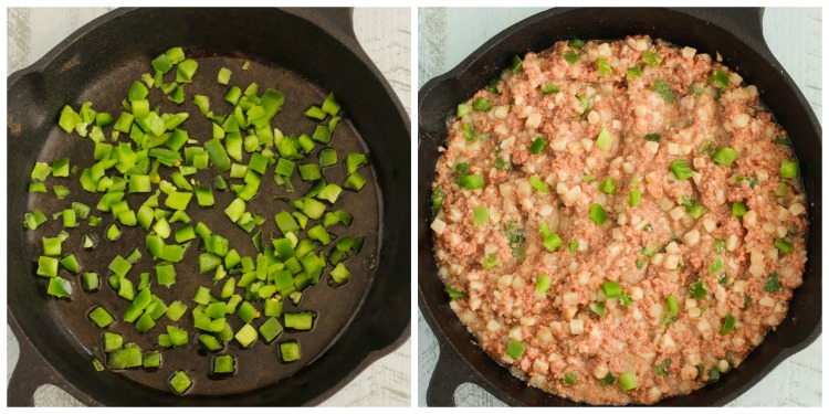 Photo collage showing how to make corned beef hash with canned corned beef