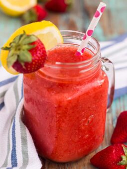 This Frozen Strawberry Lemonade is refreshing blend of sweet strawberries and fresh lemonade. The sweet and tangy flavor is blended to perfection, which results in a cool treat that's made for those hot, summer days!