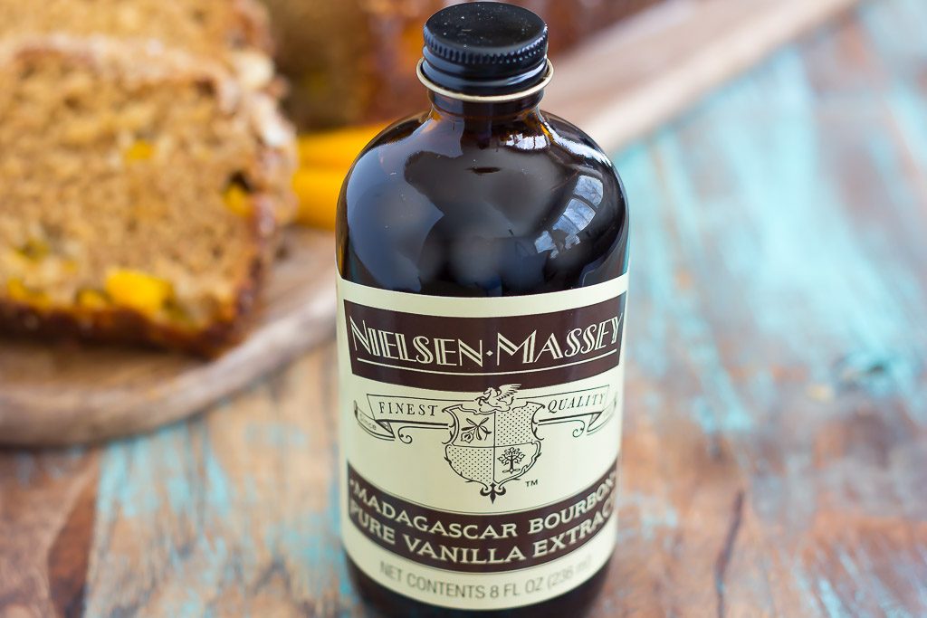 Close up of a bottle of Nielsen-Massey vanilla extract. 