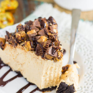 This No-Bake Peanut Butter Cup Cheesecake starts with an Oreo peanut butter cookie crust, followed by a creamy, peanut butter batter, and sprinkled with chopped peanut butter cups and chocolate syrup. It's an easy dessert that takes just minutes to prepare and is packed with flavor!