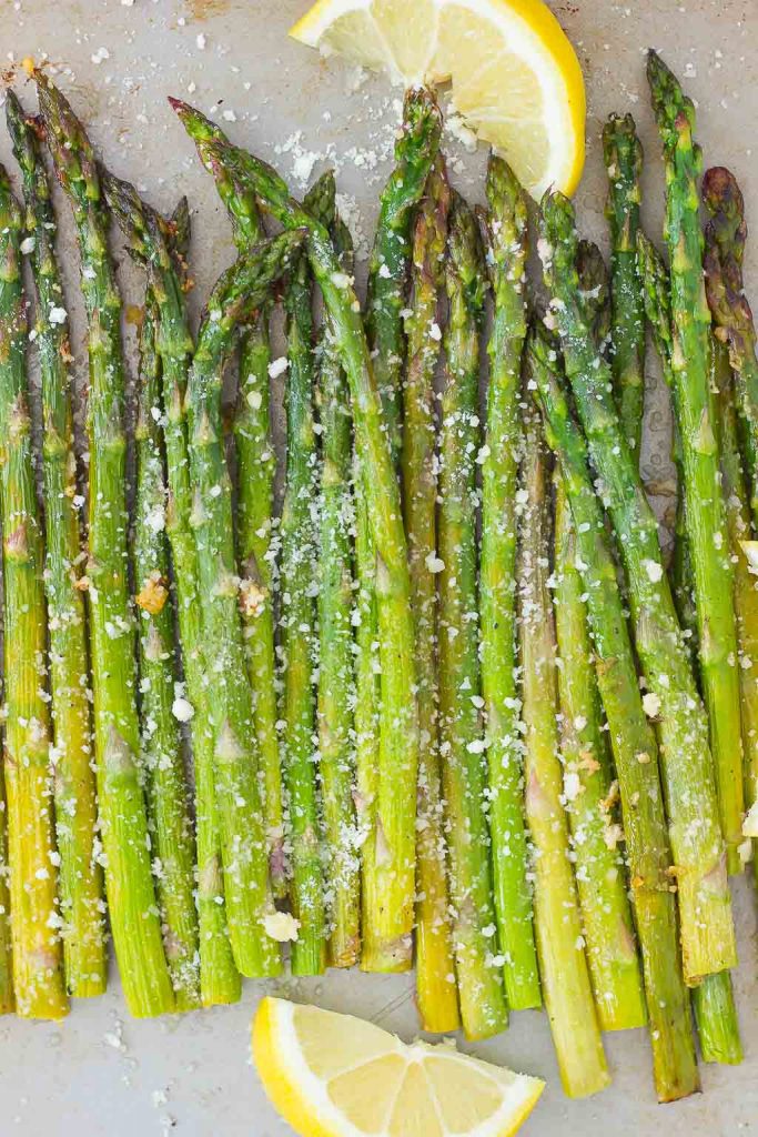 top down shot of parmesan lemon asparagus