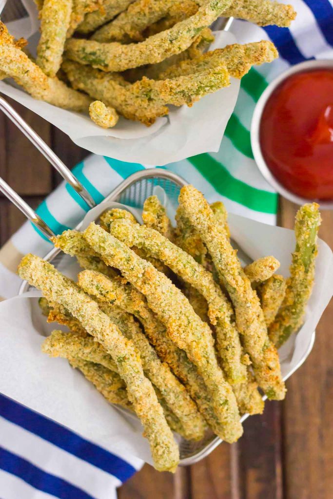 overhead view of baked green bean fries