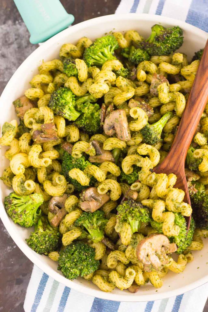 mushroom broccoli pasta with pesto in skillet 