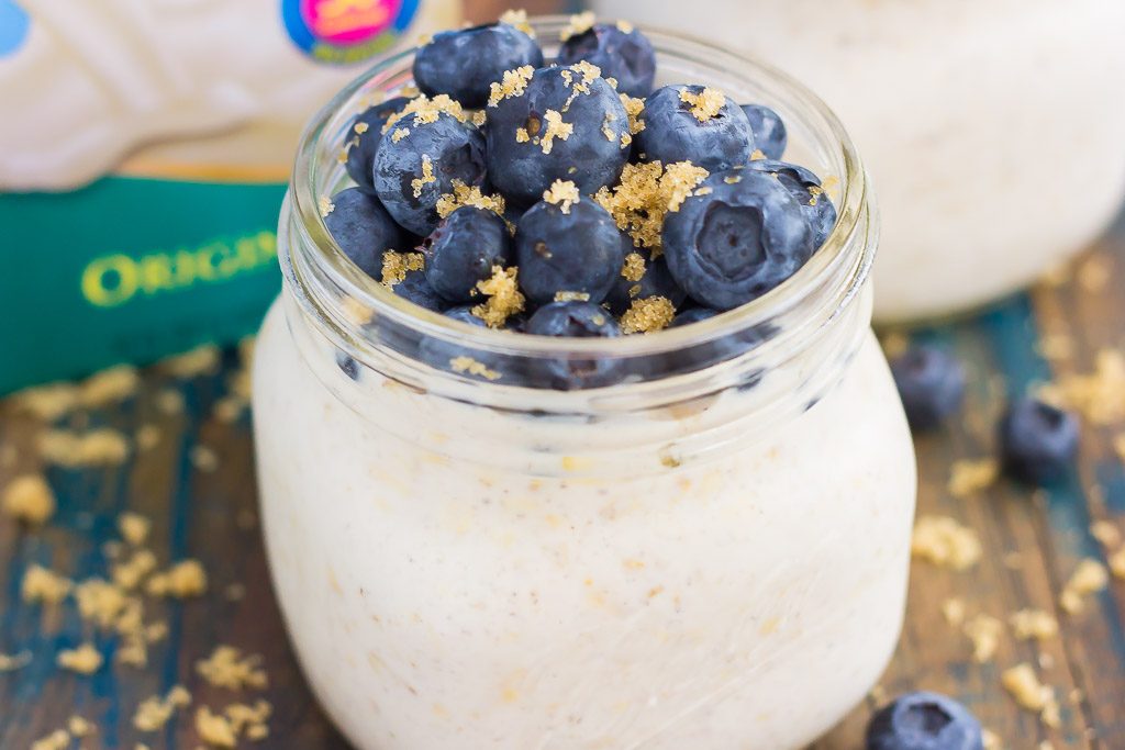 A jar of blueberry overnight oats. 