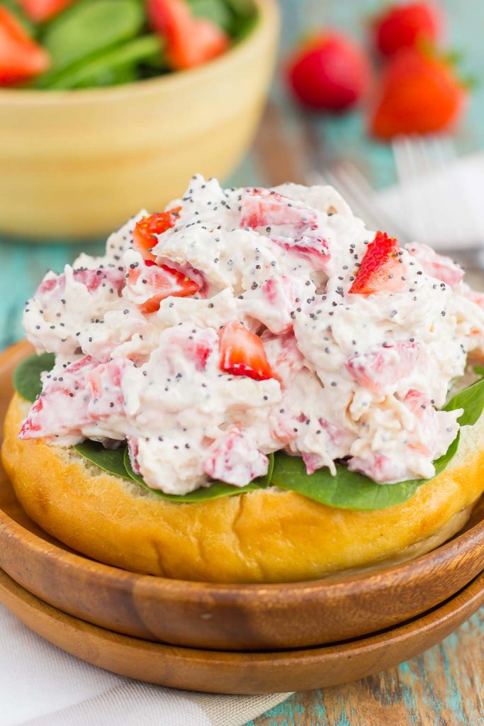 This Strawberry Poppy Seed Chicken Salad is packed with shredded chicken, a light dressing of Greek yogurt and mayo, and bursting with juicy strawberries and poppy seeds. This dish is fresh, flavorful, and filled with just the right amount of sweetness!