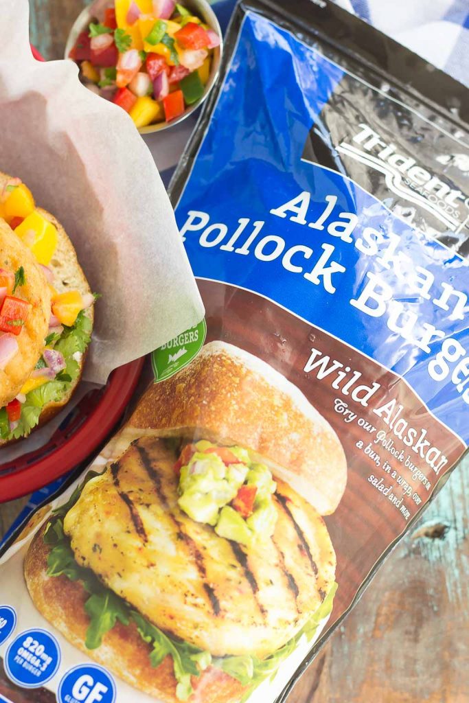 These Alaskan Pollock Burgers with Peach Mango Salsa are easy to prepare and bursting with flavor. The Alaskan Pollock patty provides a mild taste, while the peach mango salsa gives it the perfect touch of sweet and spicy. If you're looking for a new burger filed with the tastes of summer, then this is it!