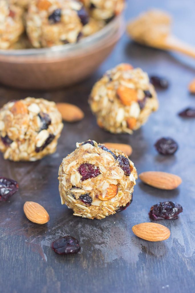 These Blueberry Almond Butter Energy Bites are packed with healthier ingredients to make an easy, on-the-go breakfast or snack. Filled with hearty oats, dried blueberries, chia seeds, honey, and almond butter, these bites take just minutes to make and are full of flavor!