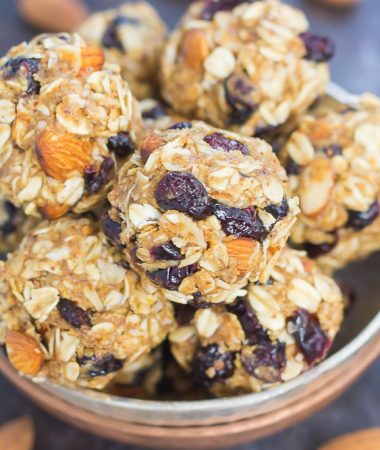 These Blueberry Almond Butter Energy Bites are packed with healthier ingredients to make an easy, on-the-go breakfast or snack. Filled with hearty oats, dried blueberries, chia seeds, honey, and almond butter, these bites take just minutes to make and are full of flavor!