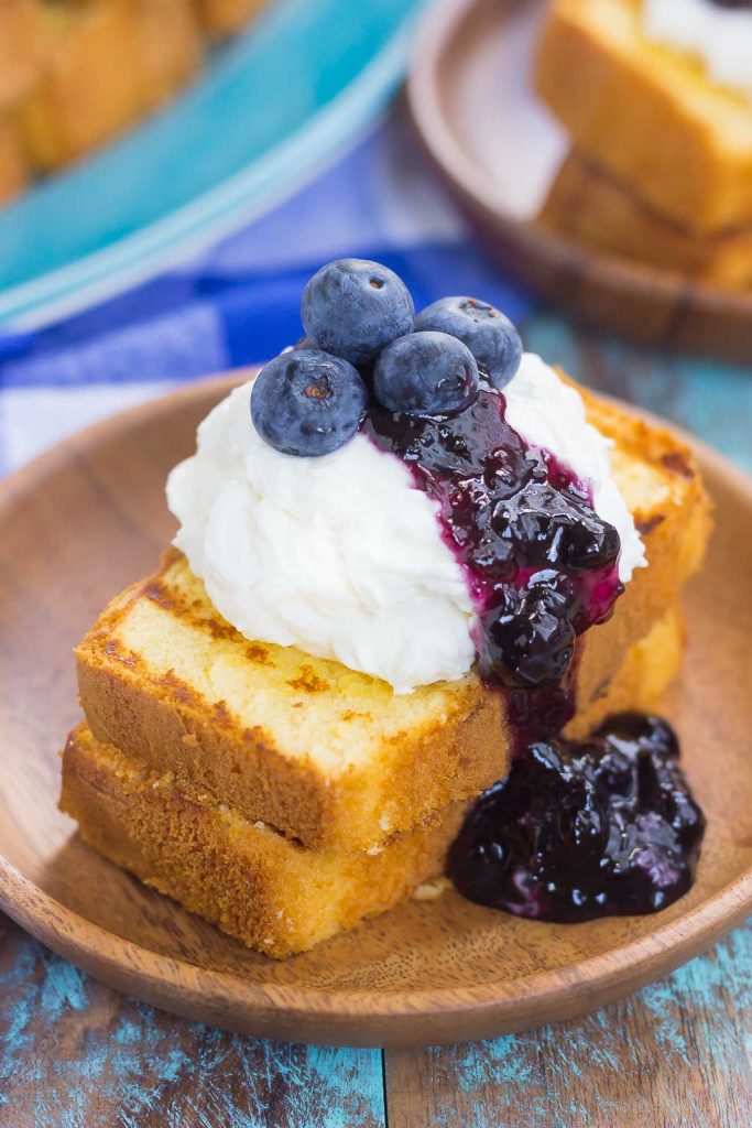 This Grilled Pound Cake with Mascarpone Cream and Blueberries is an easy dessert that's perfect for summer. Slices of pound cake are lightly grilled and topped with mascarpone whipped cream and blueberries. Fast, fresh, and simple to prepare, this dish is ready in less than 20 minutes and is sure to be a crowd-pleaser!