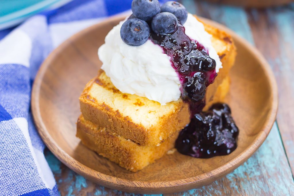 This Grilled Pound Cake with Mascarpone Cream and Blueberries is an easy dessert that's perfect for summer. Slices of pound cake are lightly grilled and topped with mascarpone whipped cream and blueberries. Fast, fresh, and simple to prepare, this dish is ready in less than 20 minutes and is sure to be a crowd-pleaser!